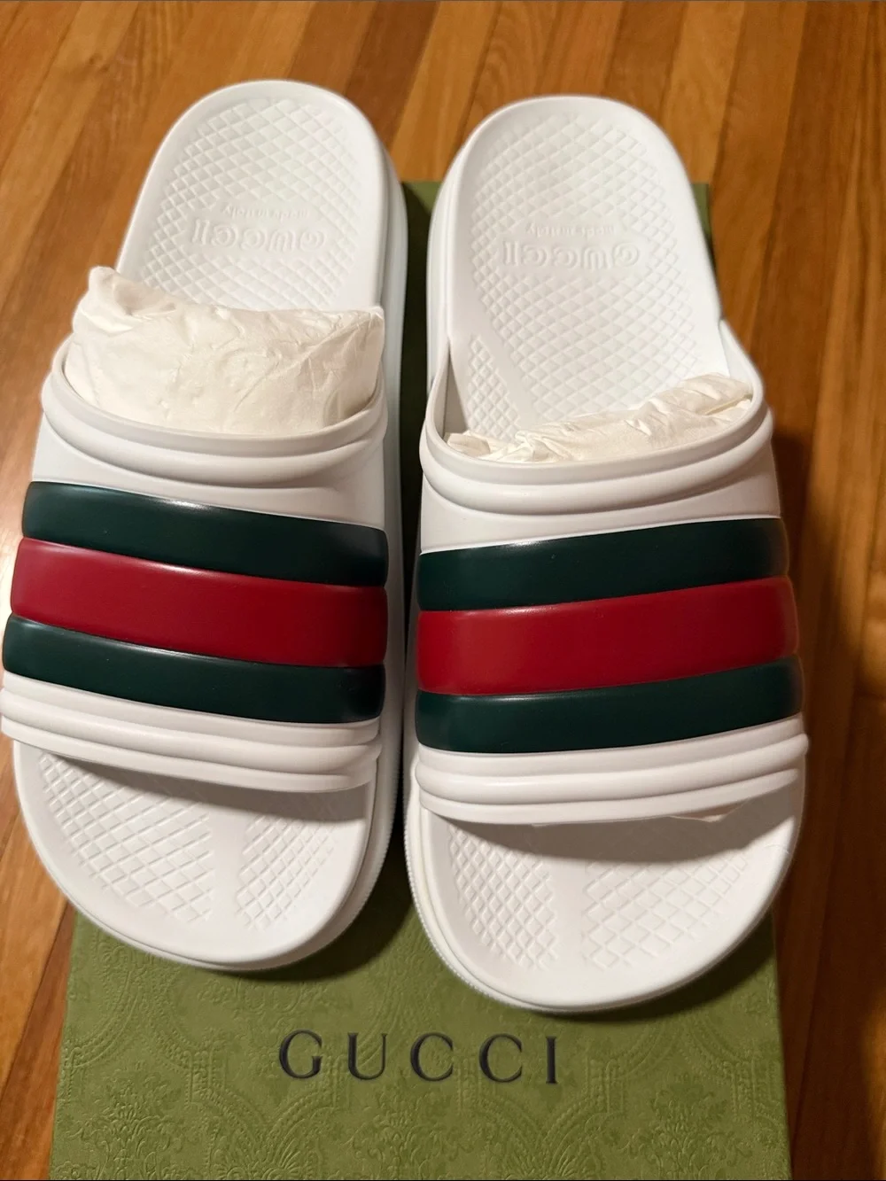 Gucci White Slides with Green & Red Stripes